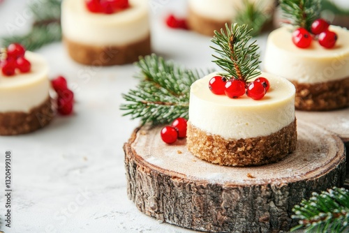 Wallpaper Mural Festive Christmas mini cheesecakes on rustic wooden slices with cranberries and pine sprigs Torontodigital.ca