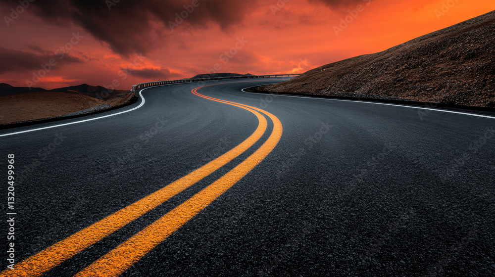 Naklejka premium Dramatic roadway under a fiery red sky capturing the essence of highway expansion projects in digital art form