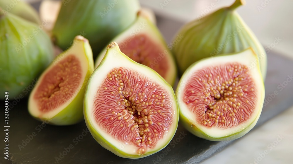 Fresh figs displaying vibrant pink interior on dark surface Fresh figs displaying vibrant pink interior on dark surface