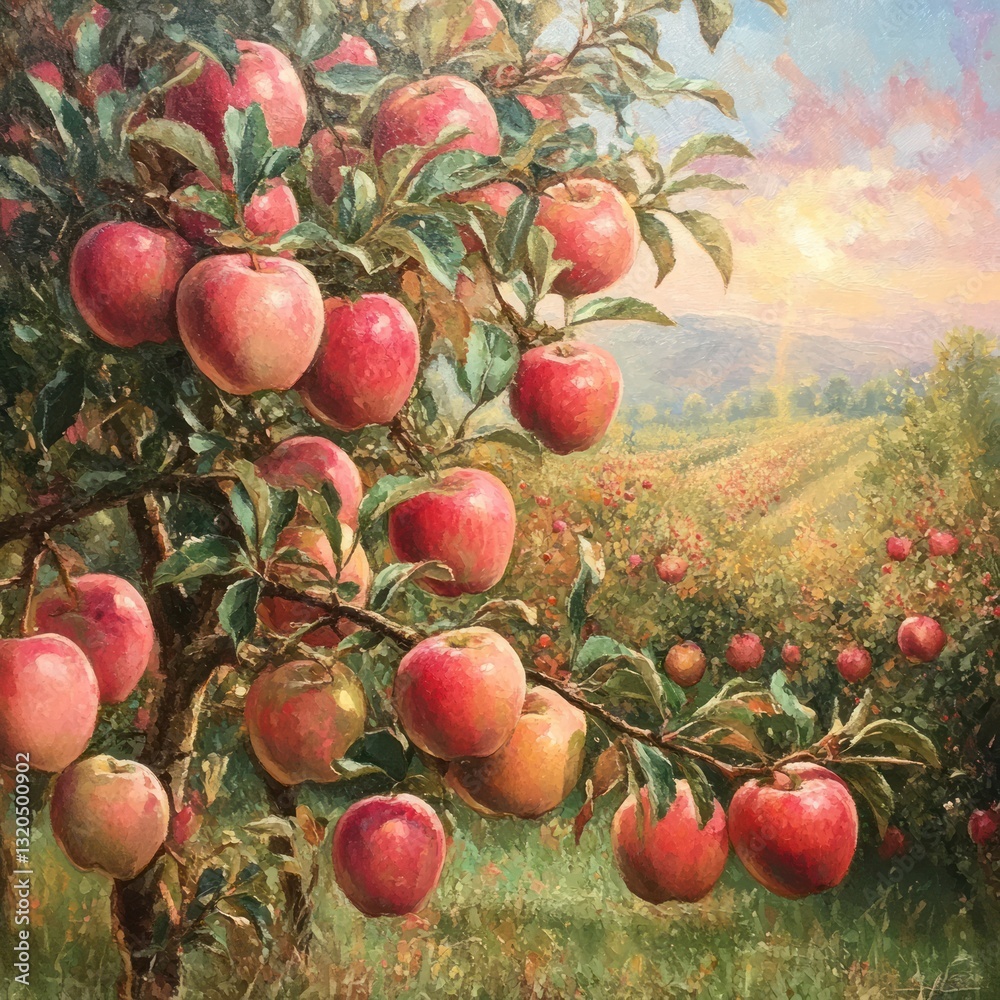 Obraz premium Apple orchard with ripe fruit