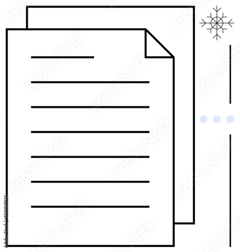 Two stacked sheets with text lines, a small snowflake icon, dots, and lines. Ideal for content organization, writing, minimalism, creativity templates planning branding. Flat simple metaphor