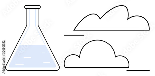 Laboratory flask half-filled with liquid alongside linear clouds, connecting science with nature. Ideal for research, innovation, sustainability, ecology, environment, science communication
