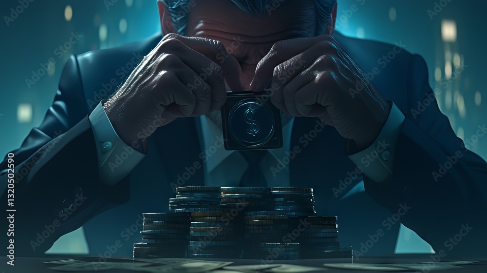Businessman sitting on floor opening empty wallet, calculating large expenses and debt payment, representing financial struggle and bankruptcy concept