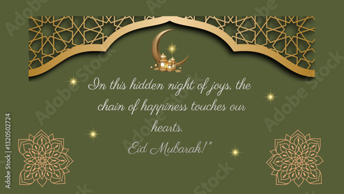 Eid Mubarak with this beautifully designed card featuring Islamic arabesque patterns a crescent moon and gold accents on a green background conveying a sense of festivity blessings and joy.