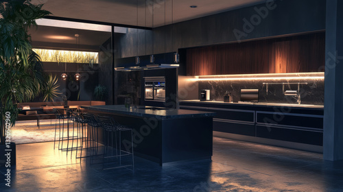 Modern kitchen with sleek design, ambient lighting, and open layout