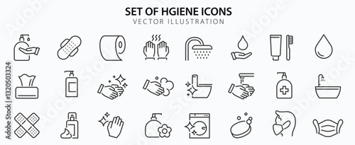 Hygiene web icon set in line style. Cleaning, washing hands, shower, seminar, soap, respiratory mask, antiseptic, clean, collection. Vector illustration.