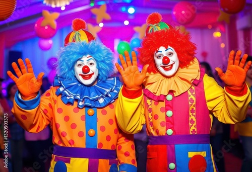 Two brightly costumed clowns waving at a party, photo, greeting card