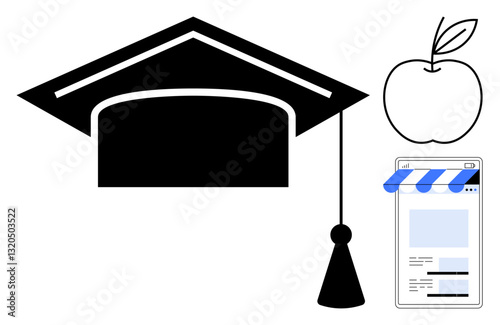 Graduation cap with tassel, red apple, and online storefront webpage. Ideal for education, learning, teaching, e-learning, knowledge online business educational platforms. Flat simple metaphor