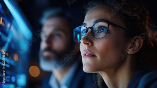A close-up captures the intense focus of two business colleagues as they meticulously dissect the logistical intricacies of a groundbreaking project, their faces illuminated by a single monitor