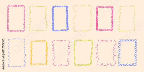 Line curve frame with texture crayon chalk. Scribble hand drawn set frame colorful on black background. Curve crayon chalk set, Vector illustration