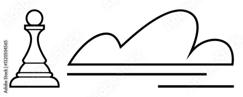 Chess pawn beside abstract cloud and lines, highlighting balance between grounded strategy and lofty ambitions. Ideal for goal-setting, leadership, growth, progress, resilience, planning, creativity