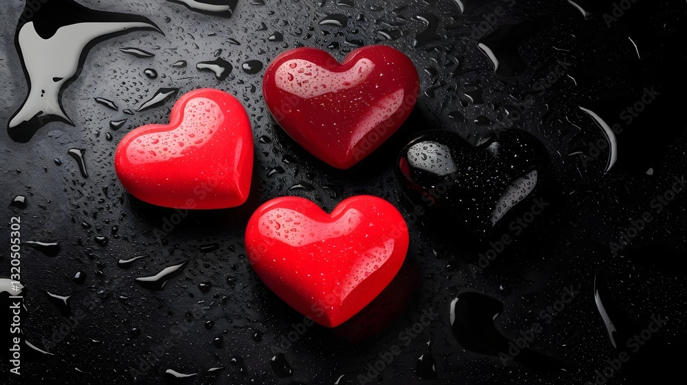 Obraz premium Red and black heart glistening with water drops 3D