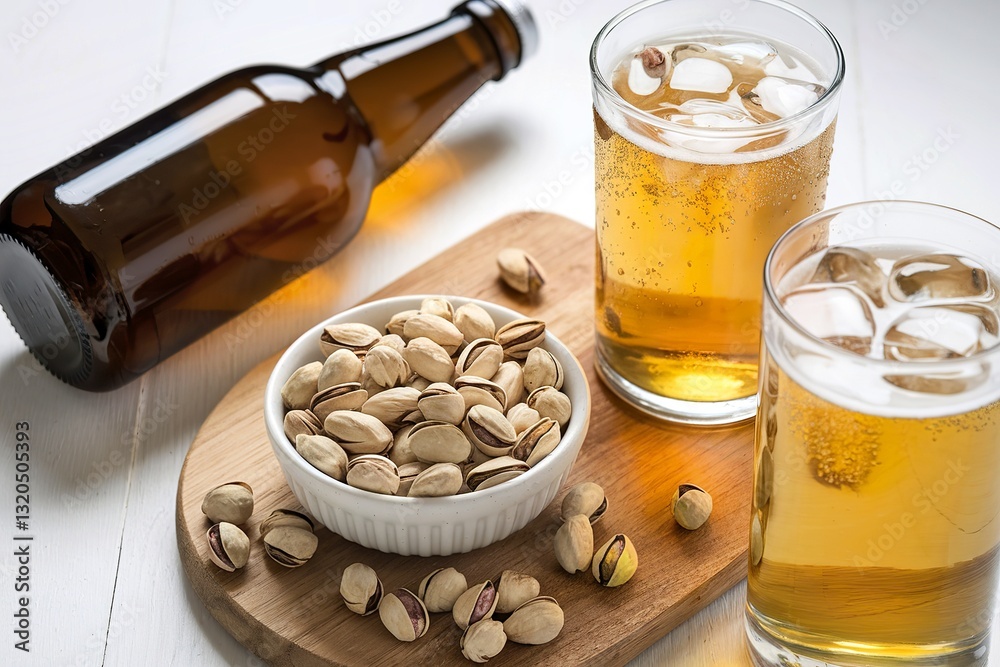 A photo of a cozy and inviting scene of ice-cold beer and a small bowl of salted pistachios A photo of a cozy and inviting scene of ice-cold beer and a small bowl of salted pistachios