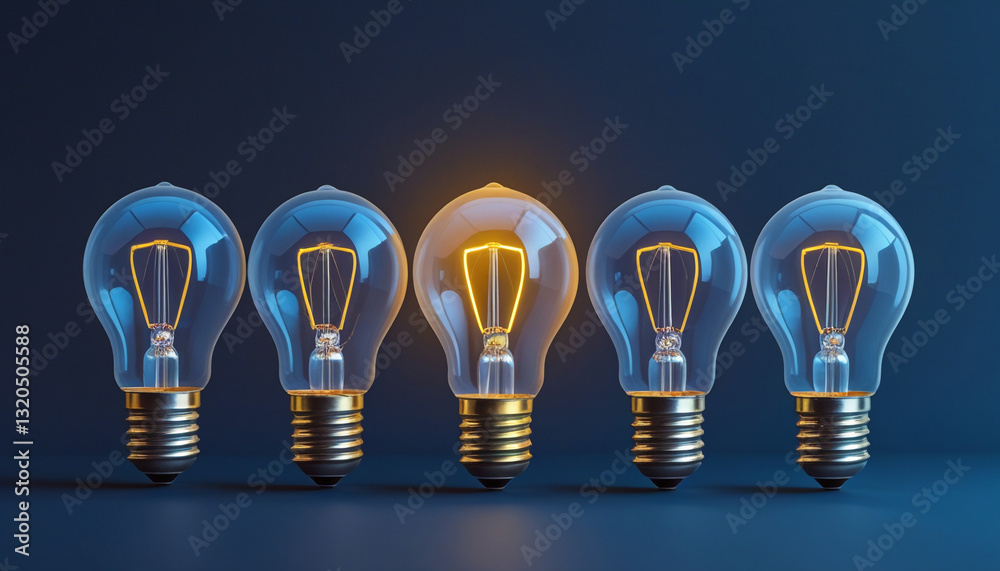 Unique illuminated light bulb among others in horizontal line, concept of standing out, innovation, individuality, and uniqueness Unique illuminated light bulb among others in horizontal line, concept of standing out, innovation, individuality, and uniqueness