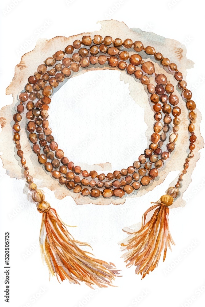 Obraz premium Watercolor painting of a prayer rug with soft tassels and prayer beads arranged in a neat circle. The warm glow highlights the textures and colors