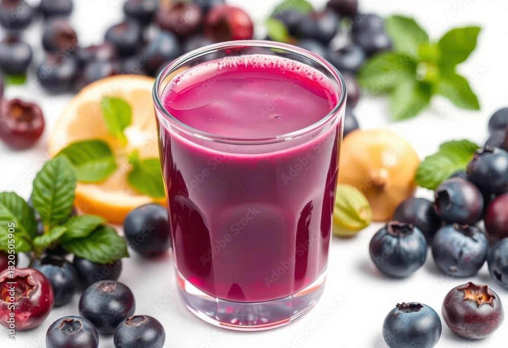 Vibrant purple blueberry juice, isolated on white, clear, glossy Vibrant purple blueberry juice, isolated on white, clear, glossy