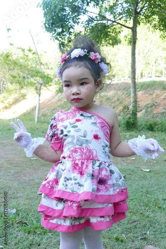 Little Asian girl in a pink dress with flowers on her head