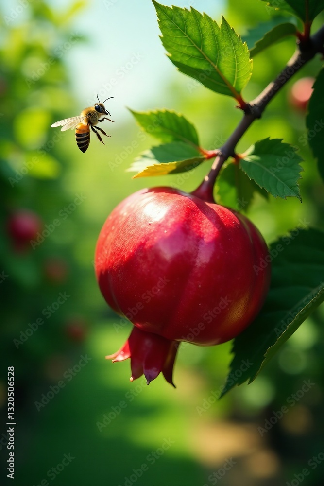Vibrant red pomegranate on a tree with a bee flying nearby in a lush orchard, nature, fruit, ripe Vibrant red pomegranate on a tree with a bee flying nearby in a lush orchard, nature, fruit, ripe