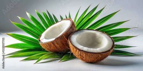 Low Light Coconut Half, Pandan Leaves, White Background - Isolated Cocos Nucifera Image