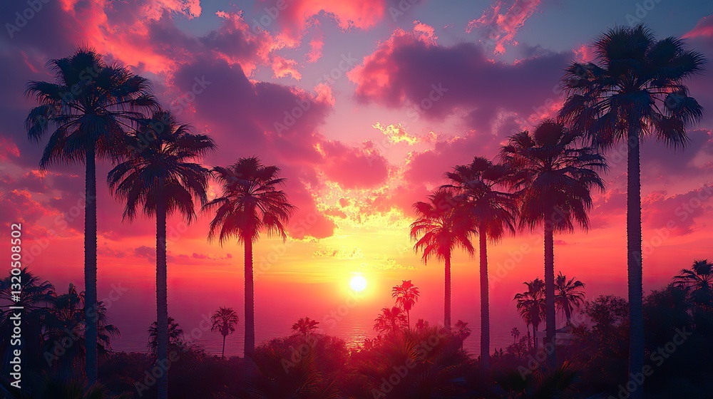 Obraz premium A beautiful sunset sky background with palm trees creates a natural frame evoking summer holiday tranquility.