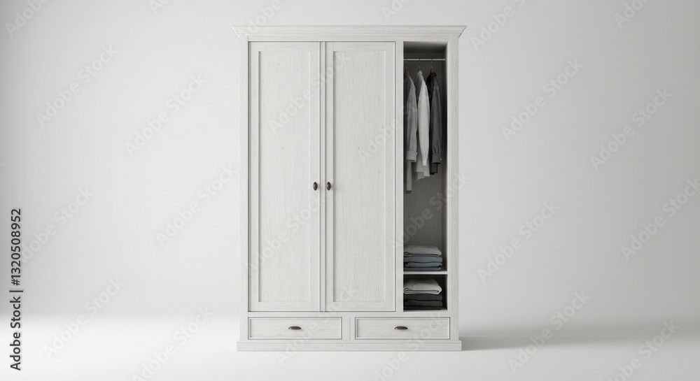 White wardrobe with opened doors and hanging clothes isolated white background White wardrobe with opened doors and hanging clothes isolated white background