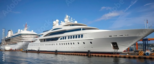 A majestic white yacht undergoing repairs alongside a cruise ship in port, texture, harbor