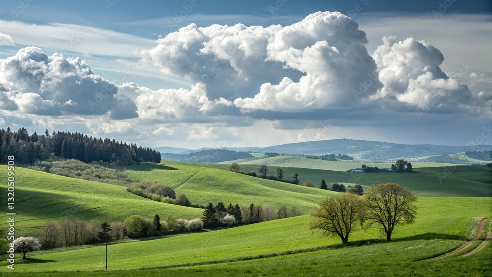 Scenic mountain landscape with green meadows, clouds, and a peaceful countryside view Scenic mountain landscape with green meadows, clouds, and a peaceful countryside view
