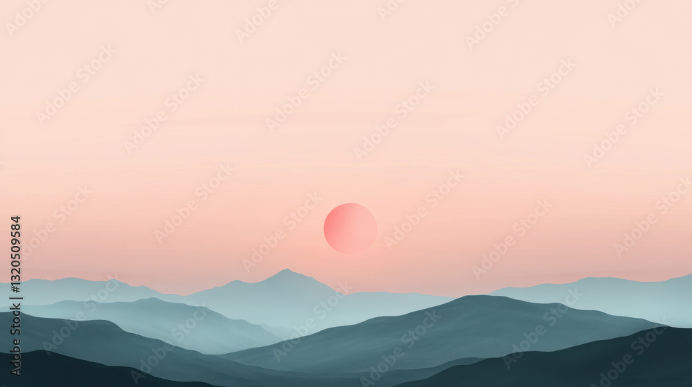 Fototapeta premium Stunning sunset over majestic mountains with a red sun creating a dramatic and colorful evening sky