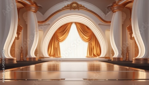 White golden ceremony award stage venue background.
