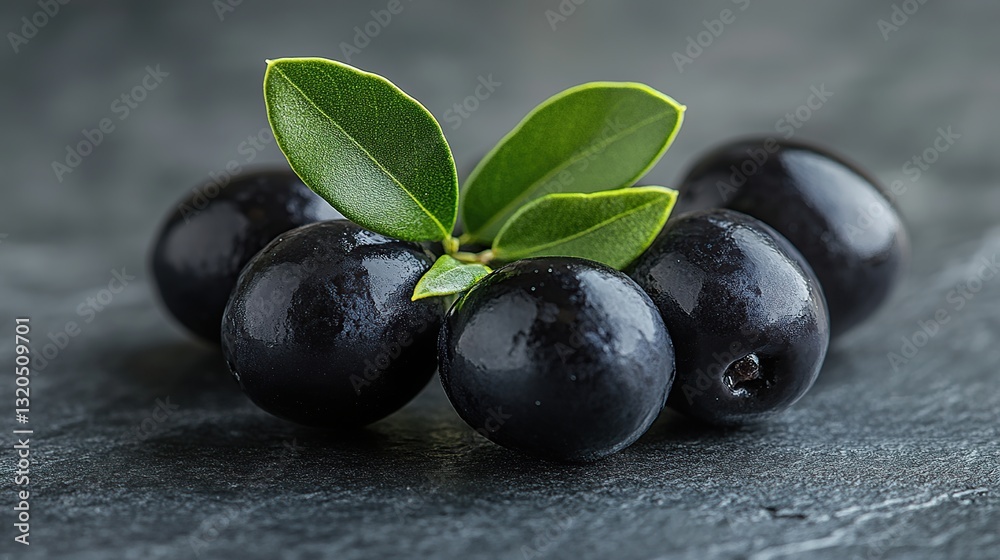 Dark, glossy black olives with fresh leaves (1)