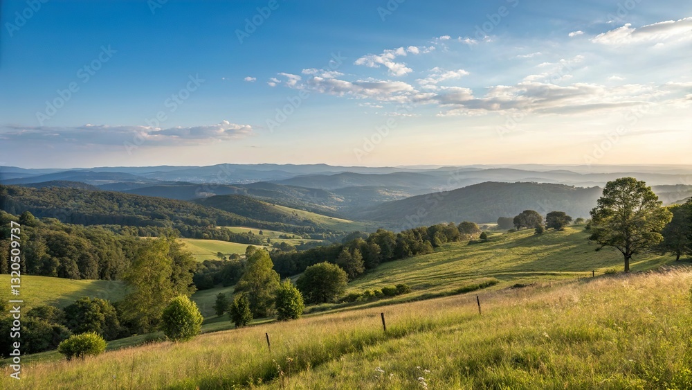 Panoramic mountain landscape with green fields, trees, and a bright sky Panoramic mountain landscape with green fields, trees, and a bright sky