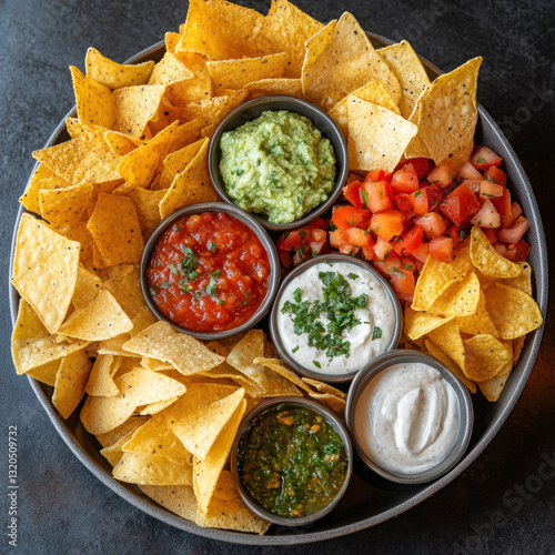 fresh fried potato chips and various dips top view