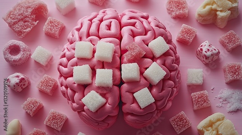 A brain model with sugar cubes on pink shows sugar addiction and unhealthy eating.