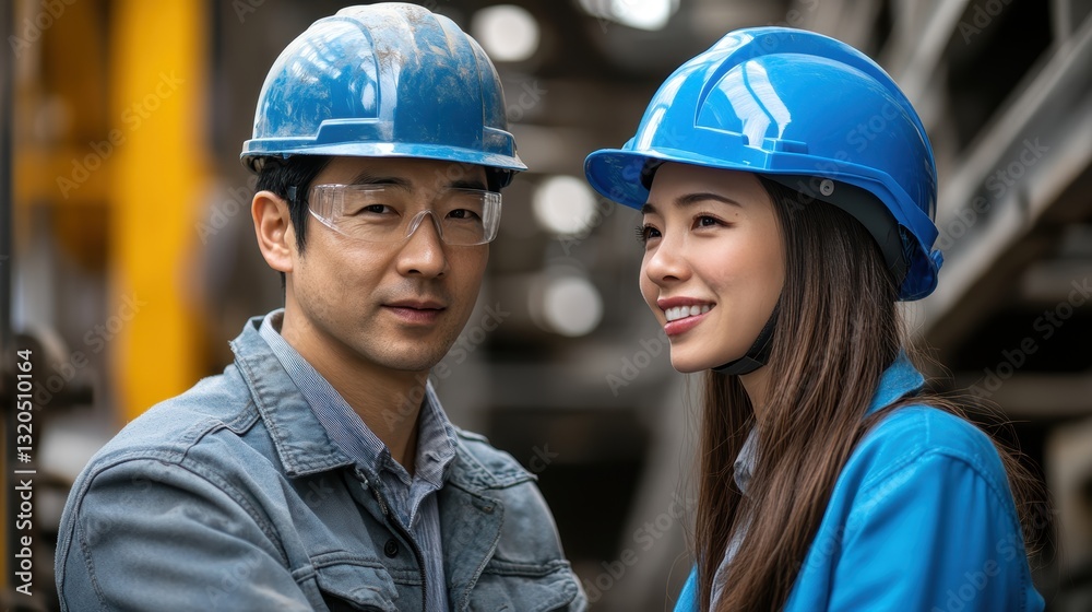 A stoic Asian man in a crisp blue safety helmet, his brow furrowed in concentration, stood at the site entrance, engaged in a lively conversation with a woman architect in a vibrant blue helmet, her A stoic Asian man in a crisp blue safety helmet, his brow furrowed in concentration, stood at the site entrance, engaged in a lively conversation with a woman architect in a vibrant blue helmet, her