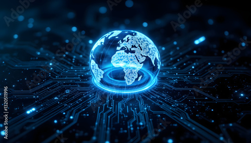 The digitally generated image features a computer circuit board overlaid with a translucent globe, symbolizing the seamless integration of technology and communication on a global scale