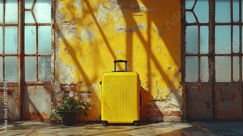A bright yellow suitcase against a yellow wall casts a shadow, a striking mockup for travel or vacation themes.