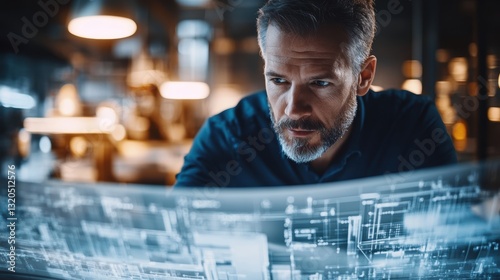 A focused architect engineer, engrossed in blueprints, meticulously planned the construction of a futuristic building, his mind ablaze with innovative concepts.