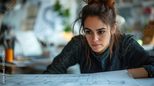 A determined woman engrossed in a blueprint at her architect office, her brow furrowed in concentration as she meticulously crafted her vision of a modern cityscape.