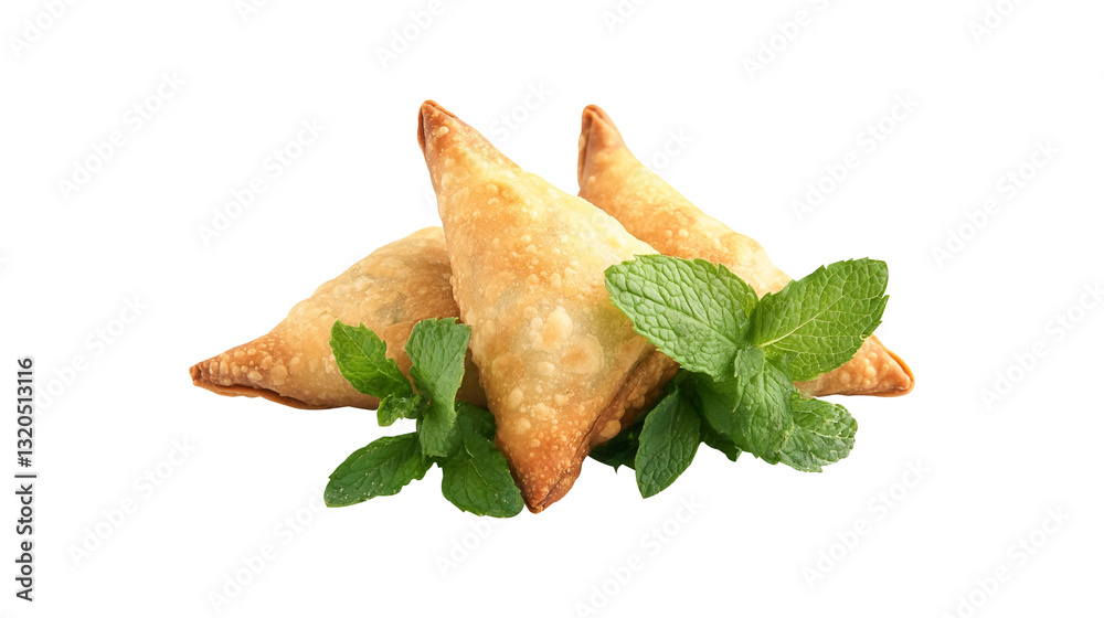 Fototapeta premium Indian samosa with mint on white background.