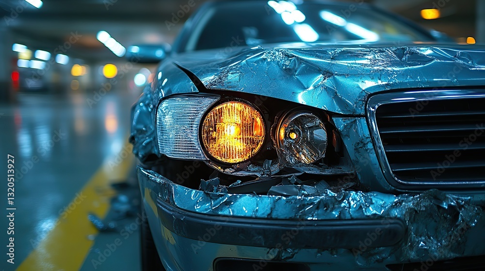 Fototapeta premium A broken headlight and bumper of a car in parking garage after a traffic accident need costly repairs and insurance.