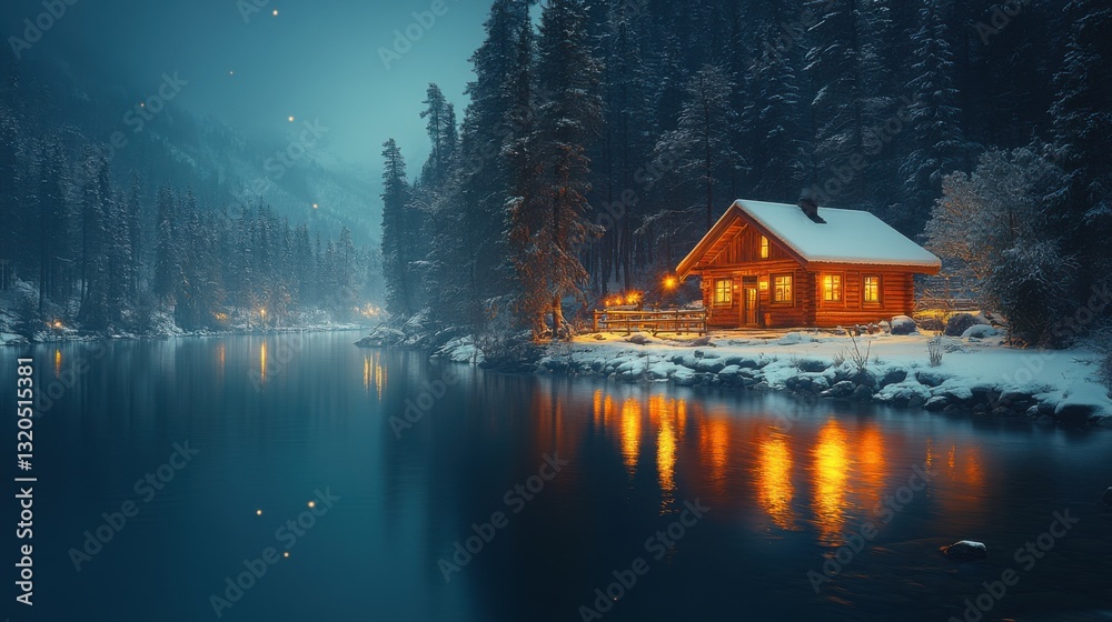 Fototapeta premium Spectacular northern lights illuminate a winter evening by a hunting hut in the Arctic Circle forest along a tranquil river