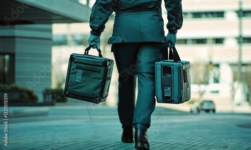 A person in teal medical attire carries two black cases while walking toward building.