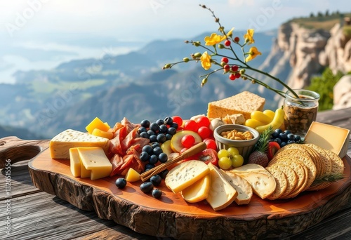 Rustic wooden board overflowing with cheeses, meats, fruits, and crackers, overlooking a breathtaking landscape, sunset, appetizer