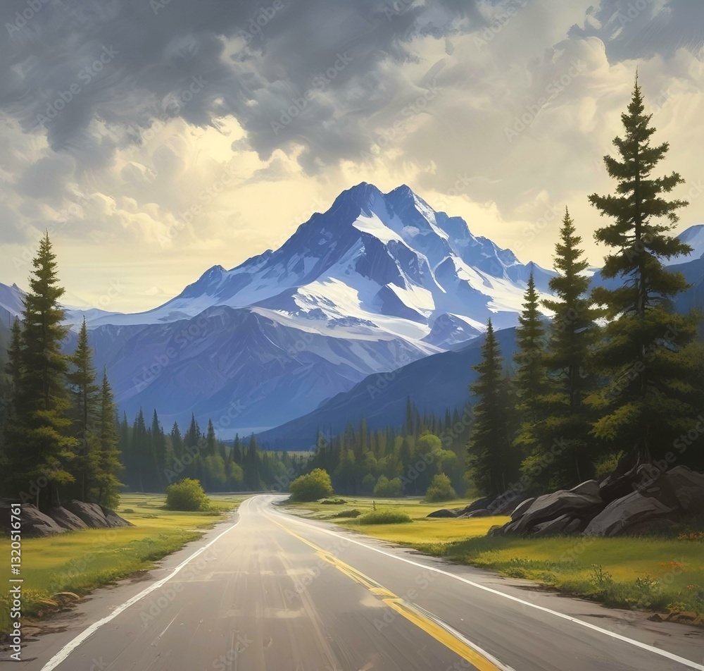 Fototapeta premium Illustration of road in wild and scenic landscape.