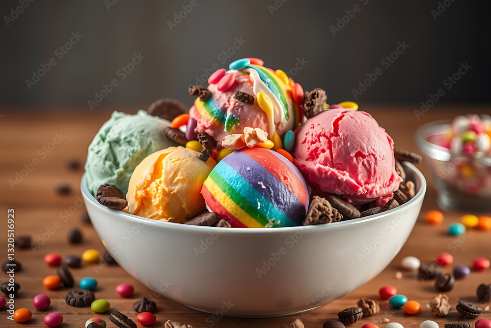 Fototapeta premium Ice cream scoops in a bowl stock-image, featuring a delicious mix of creamy, vibrant ice cream scoops, served in a bowl, perfect for a refreshing dessert experience with a variety of flavors