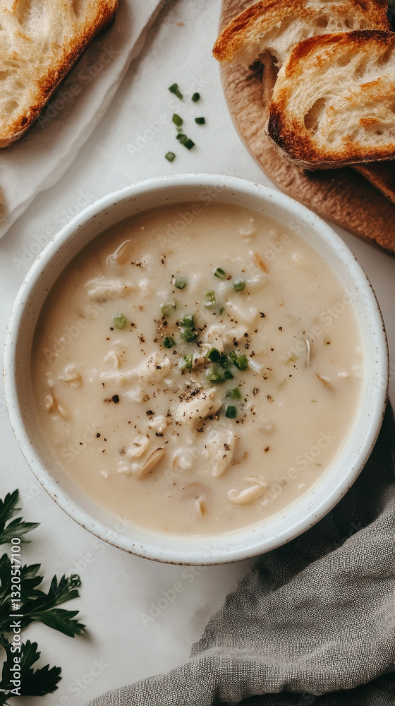 Overhead capture of a steaming bowl of clam chowder with fresh ingredients and creamy texture perfect for any meal Overhead capture of a steaming bowl of clam chowder with fresh ingredients and creamy texture perfect for any meal