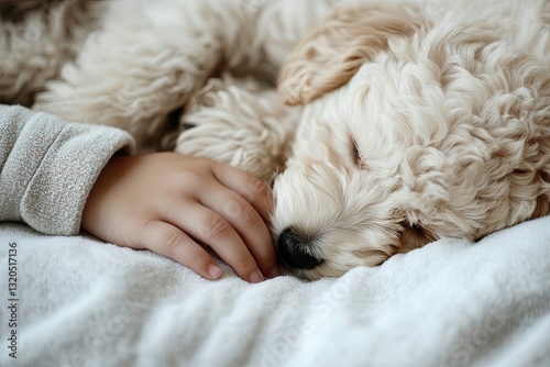 close-up of child hand resting on sleeping puppy back their fingers gently pressing into fluffy fur