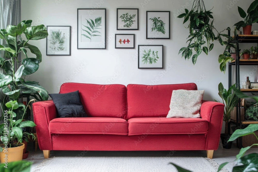 Fototapeta premium Red couch in a plant-filled living room with framed art