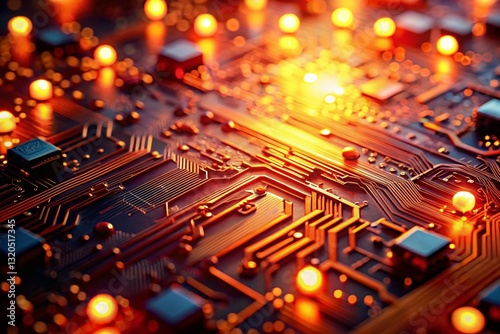 Abstract Red Orange Glowing Circuit Board Bokeh Background