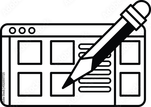 A black and white drawing of a pencil on a computer screen